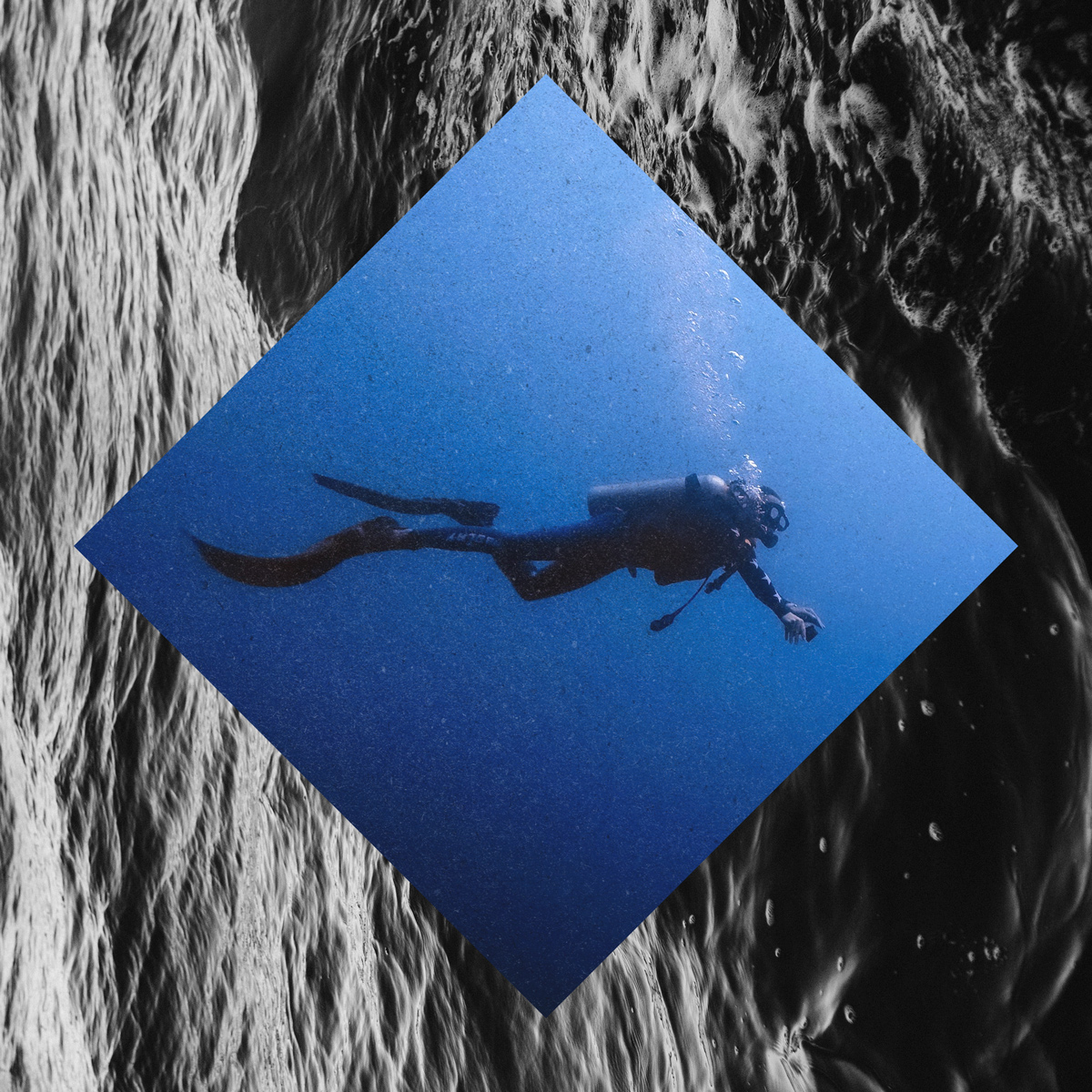 Deep sea diver, ocean, blue, black and white