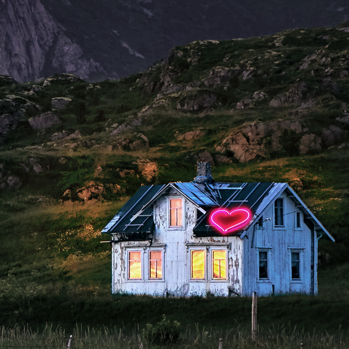 A house on a hillside glows with a neon heart sign