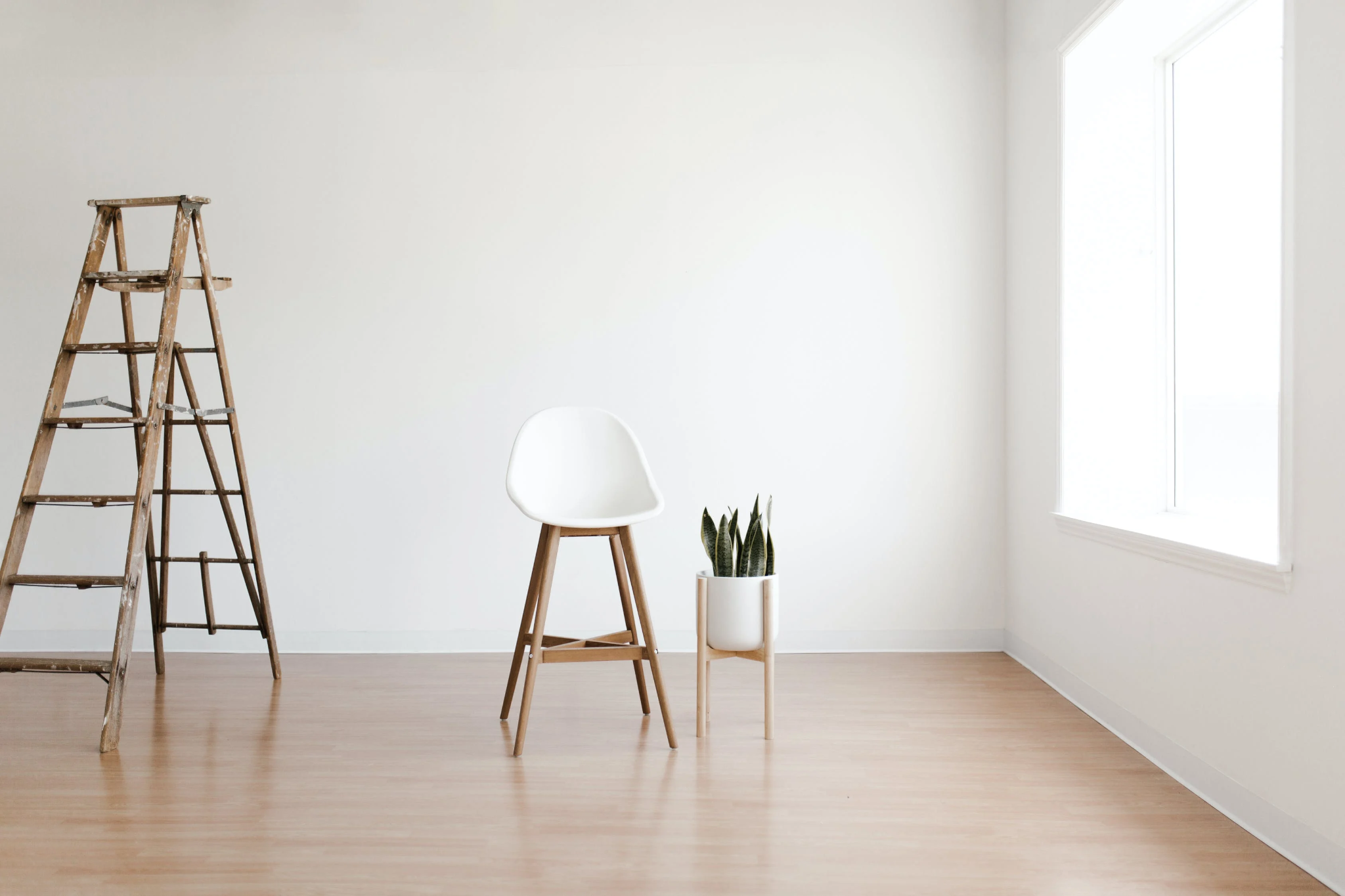 Empty room with chair, potted plant, ladder, and light wooden flooring