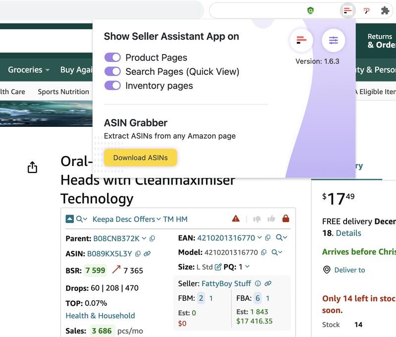 Click the Seller Assistant App icon in the browser application bar to activate ASIN Grabber