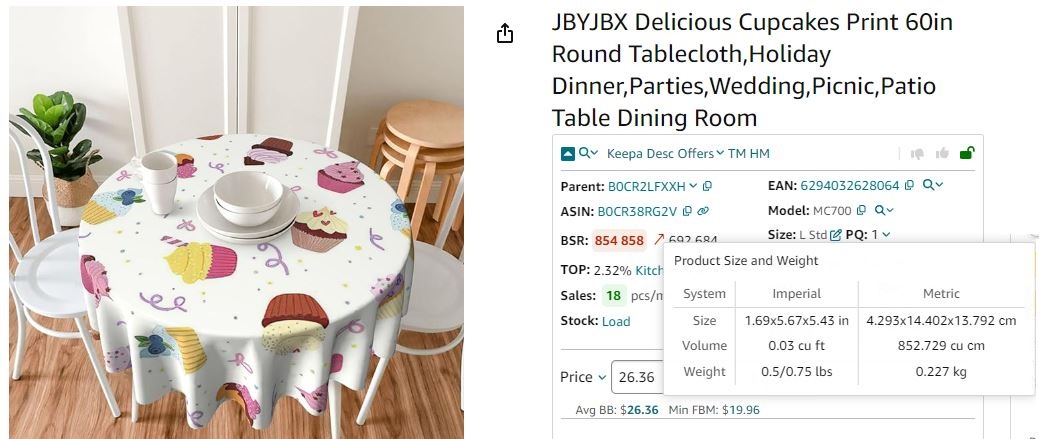 Seller Assistant App shows product dimensions