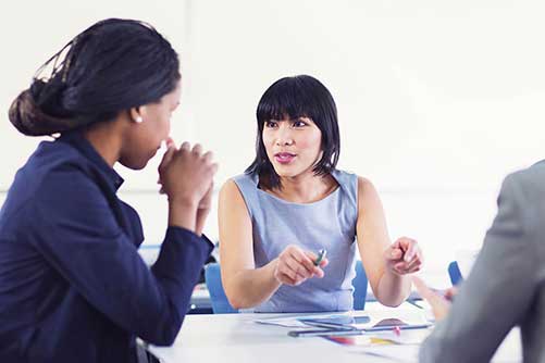 Business Admin explaining the business strategies to her co workers.