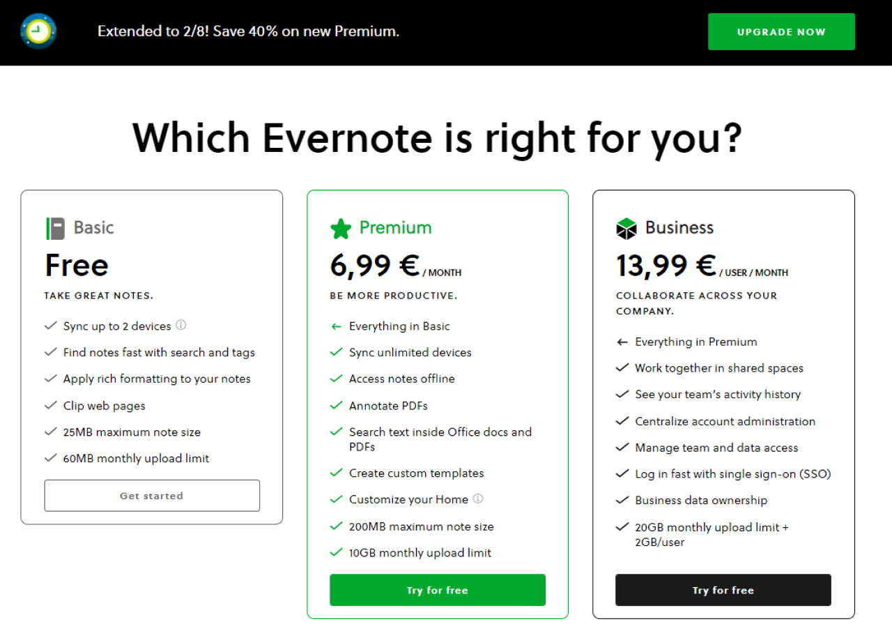 Evernote pricing plans