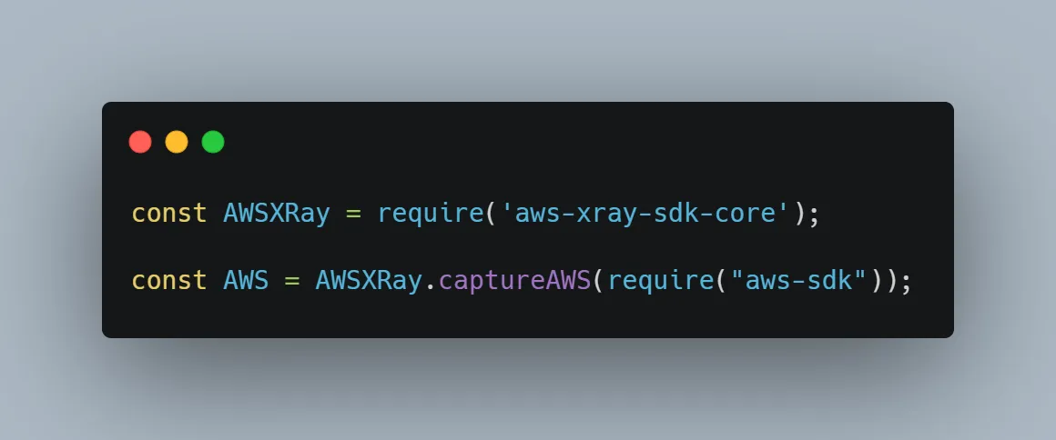 A code snippet showing setting up AWS Lambda with AWS X-Ray tracing