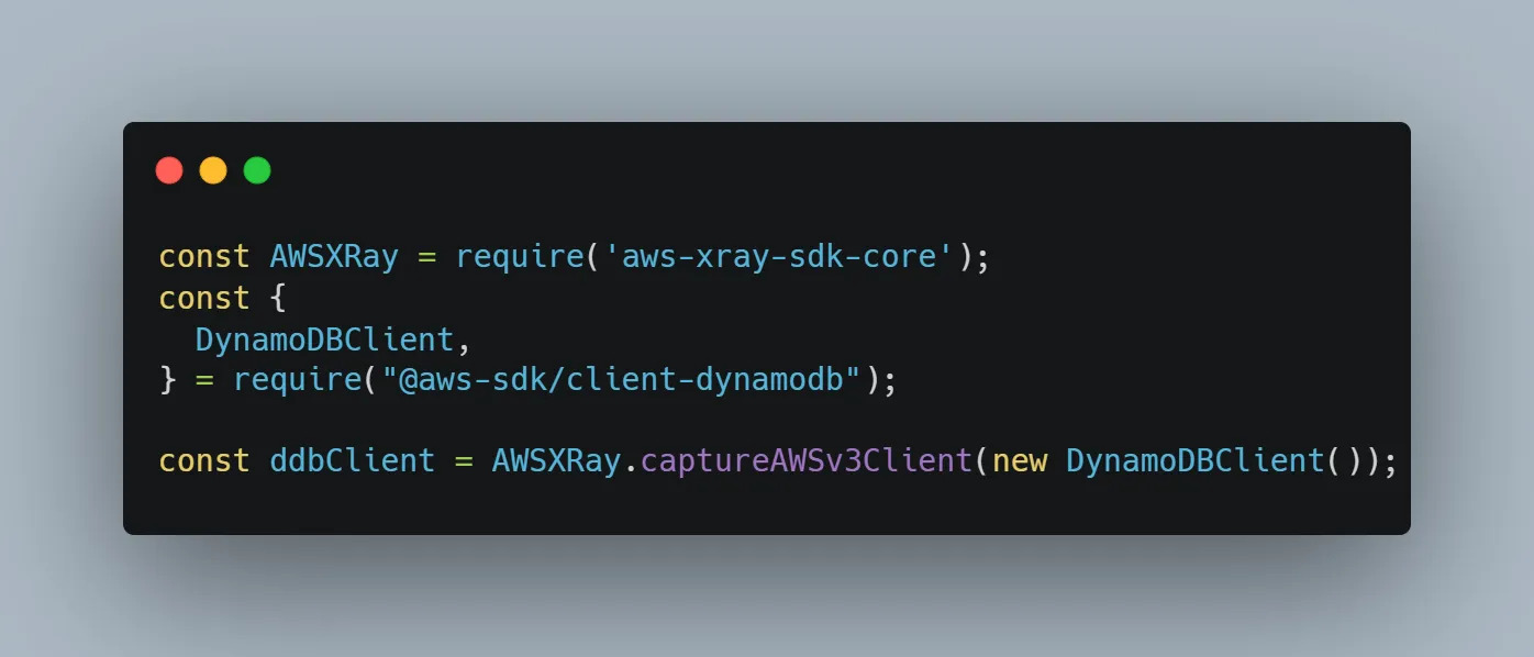 A code snippet showing how to trace Amazon DynamoDB