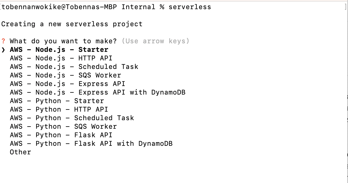 Selecting Node.js starter on serverless project selection page