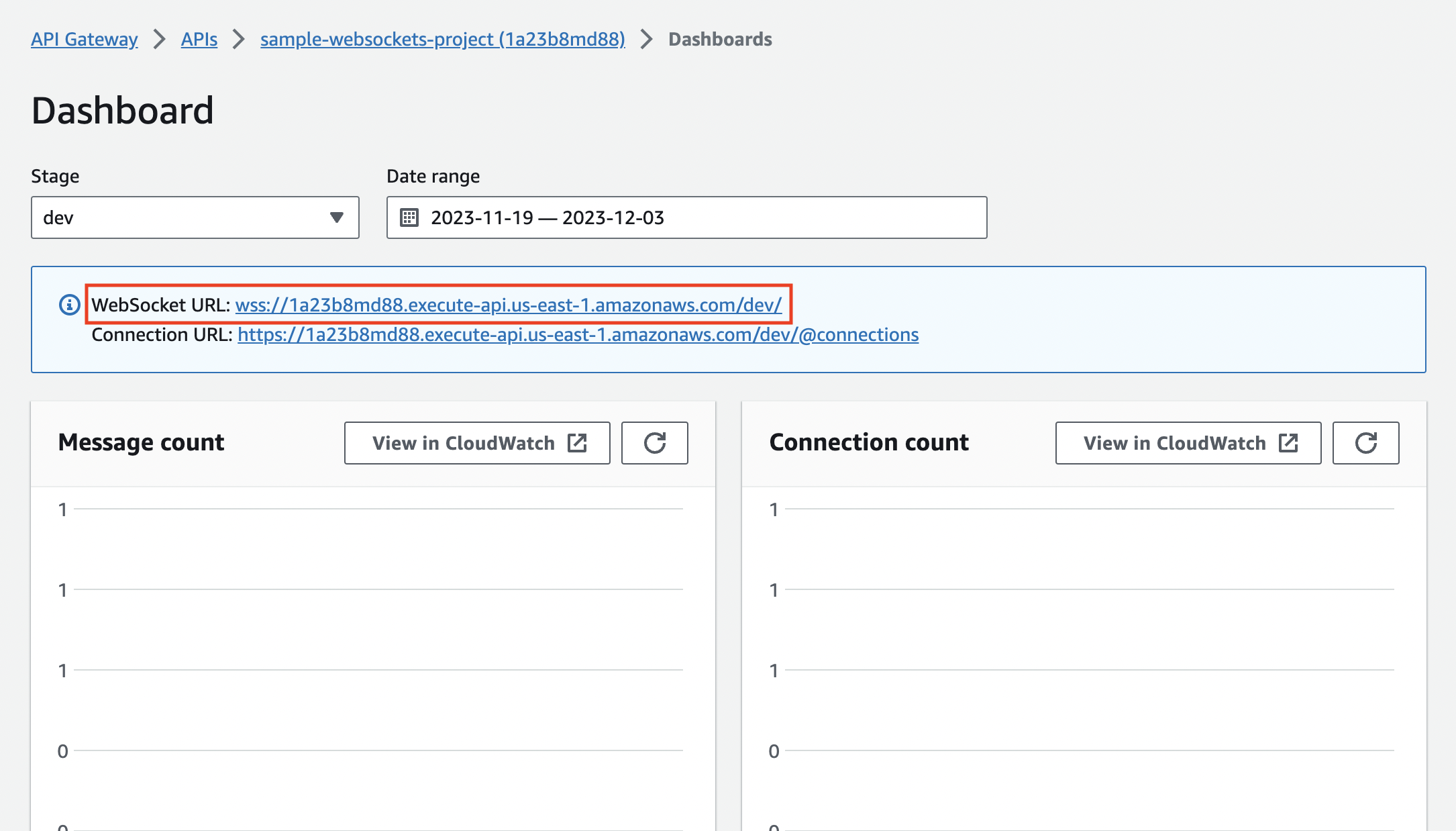 Websocket API dashboard with the Websocket URL highlighted