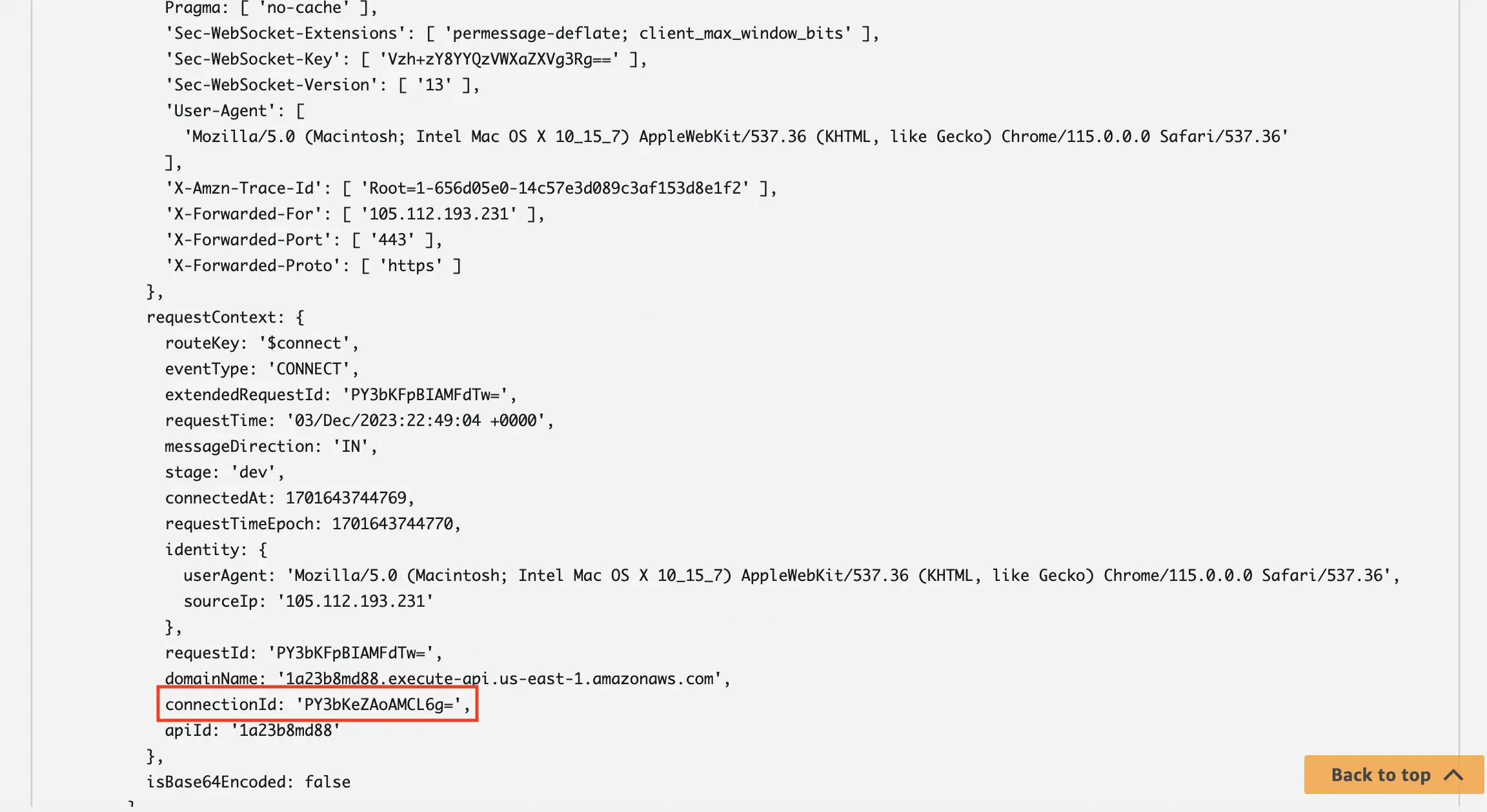 Checking the connection status inside of the CloudWatch logs