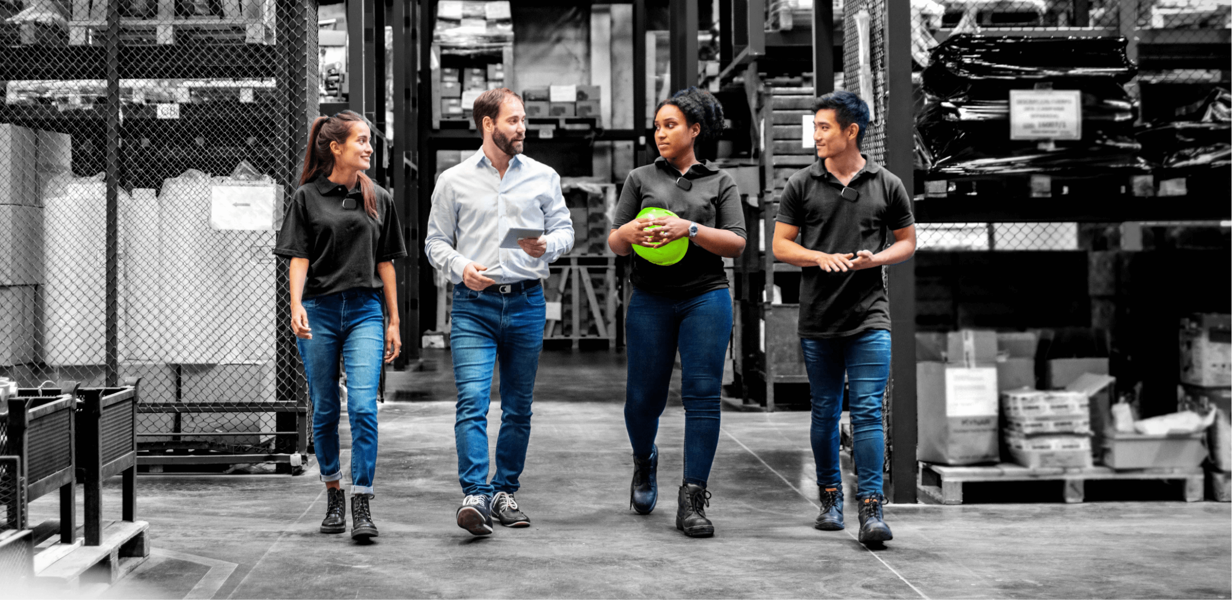 Warehouse Workers Walking Together With Flex Sensor On