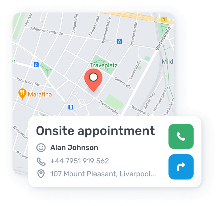 A screen from a job management app showing a map and appointment view