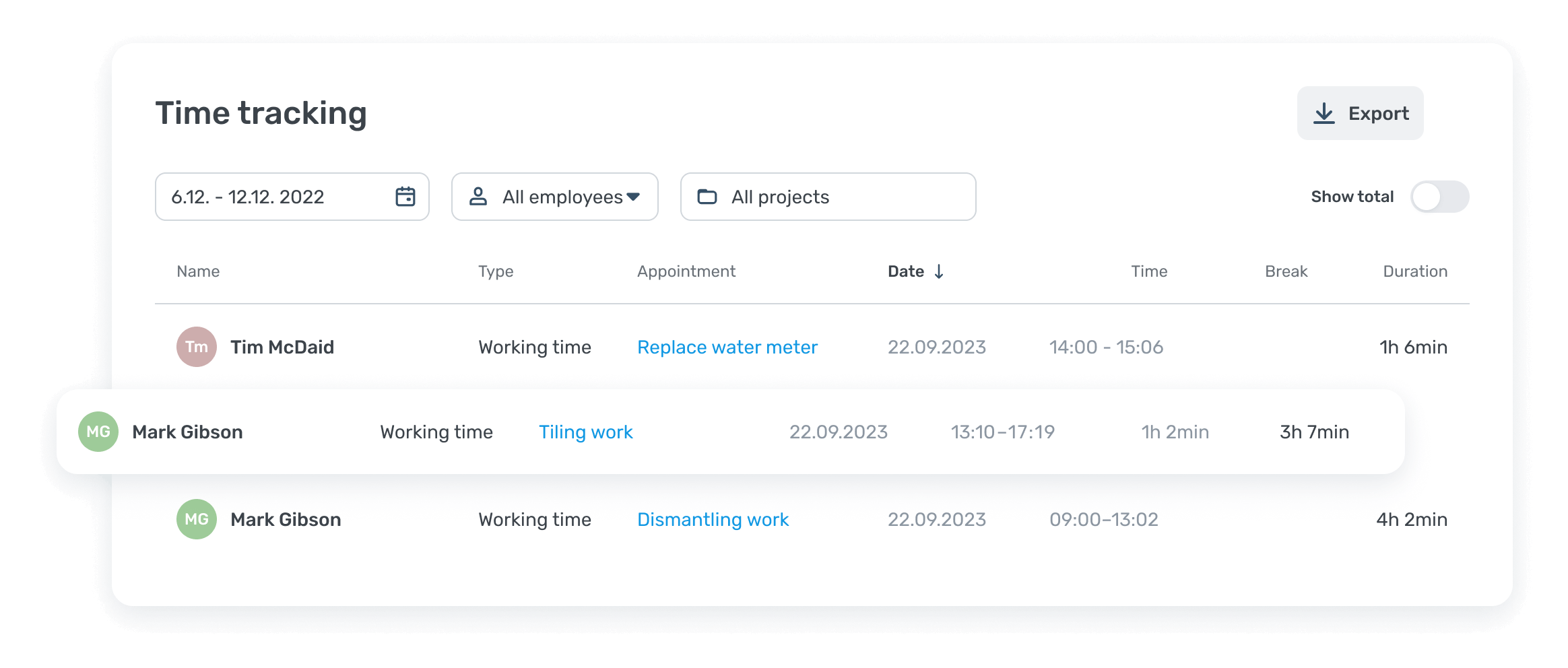 ToolTime's timesheets software listing time entries from tradesmen