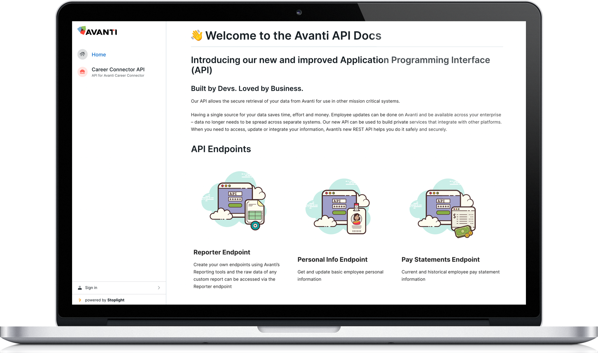 Avanti API Docs page screenshot