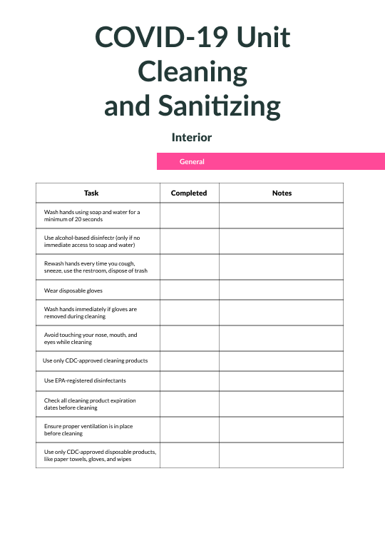 COVID19 Unit Cleaning and Sanitizing Checklist Checklist