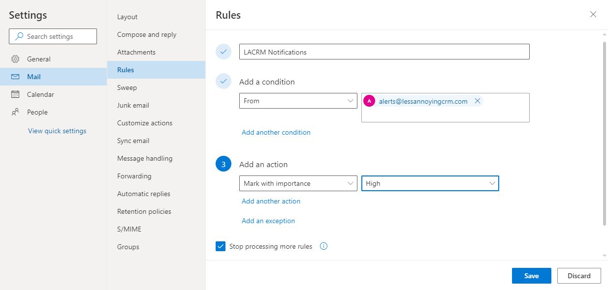 Creating a rule in Outlook for your LACRM alert emails