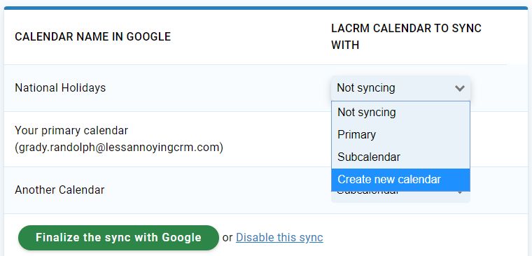 Create a new subcalendar in Less Annoying CRM when syncing with Google