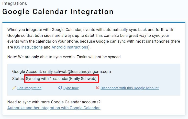 Google integration page after setup