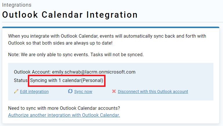 Outlook integration page after setup