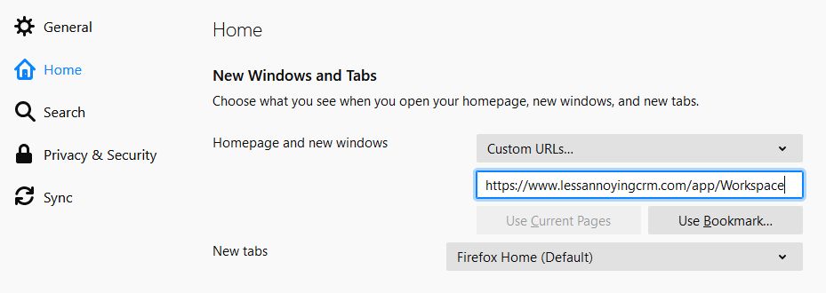 Make LACRM your home page in Firefox