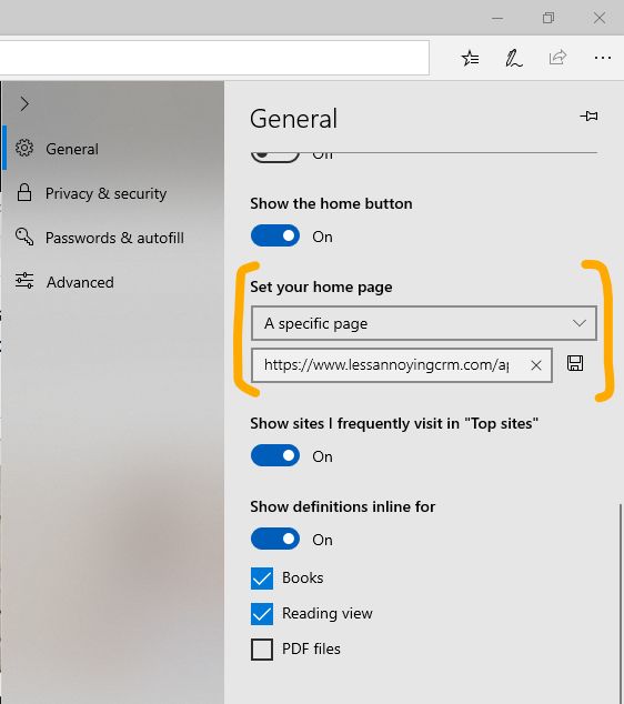 Make LACRM your home page in Edge