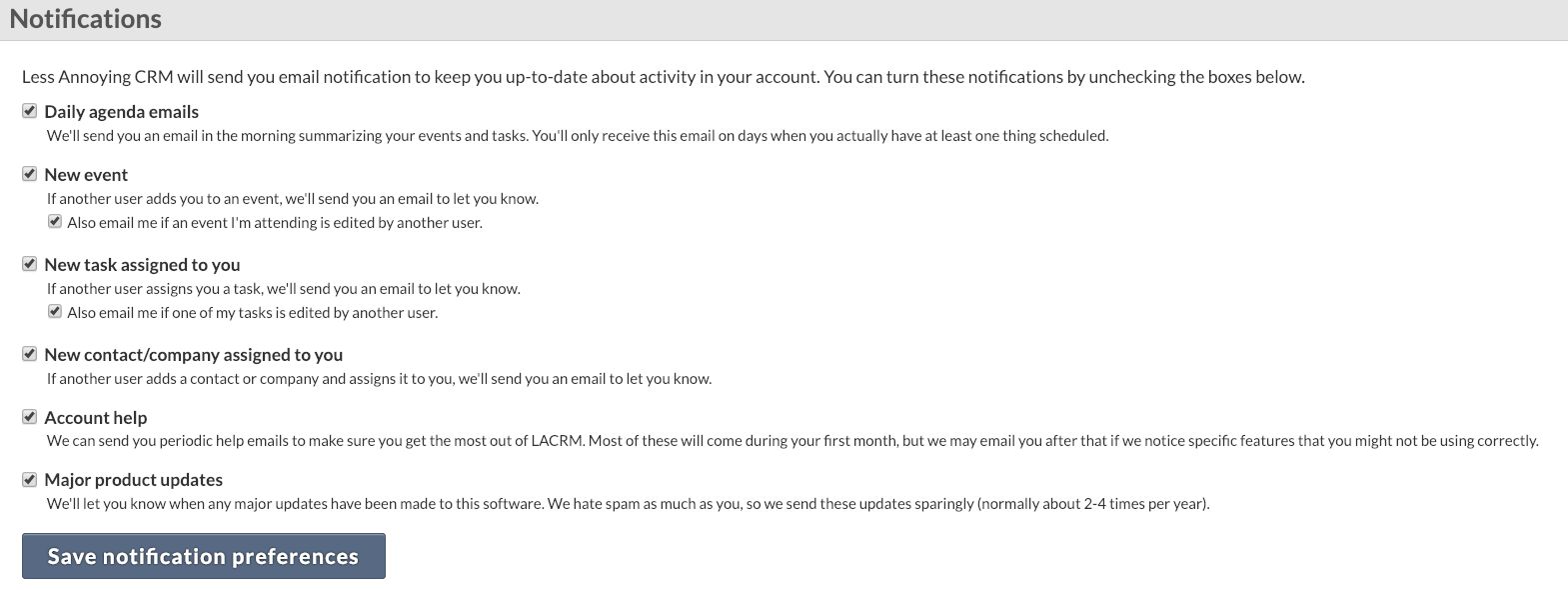 Personal Preferences page in Less Annoying CRM