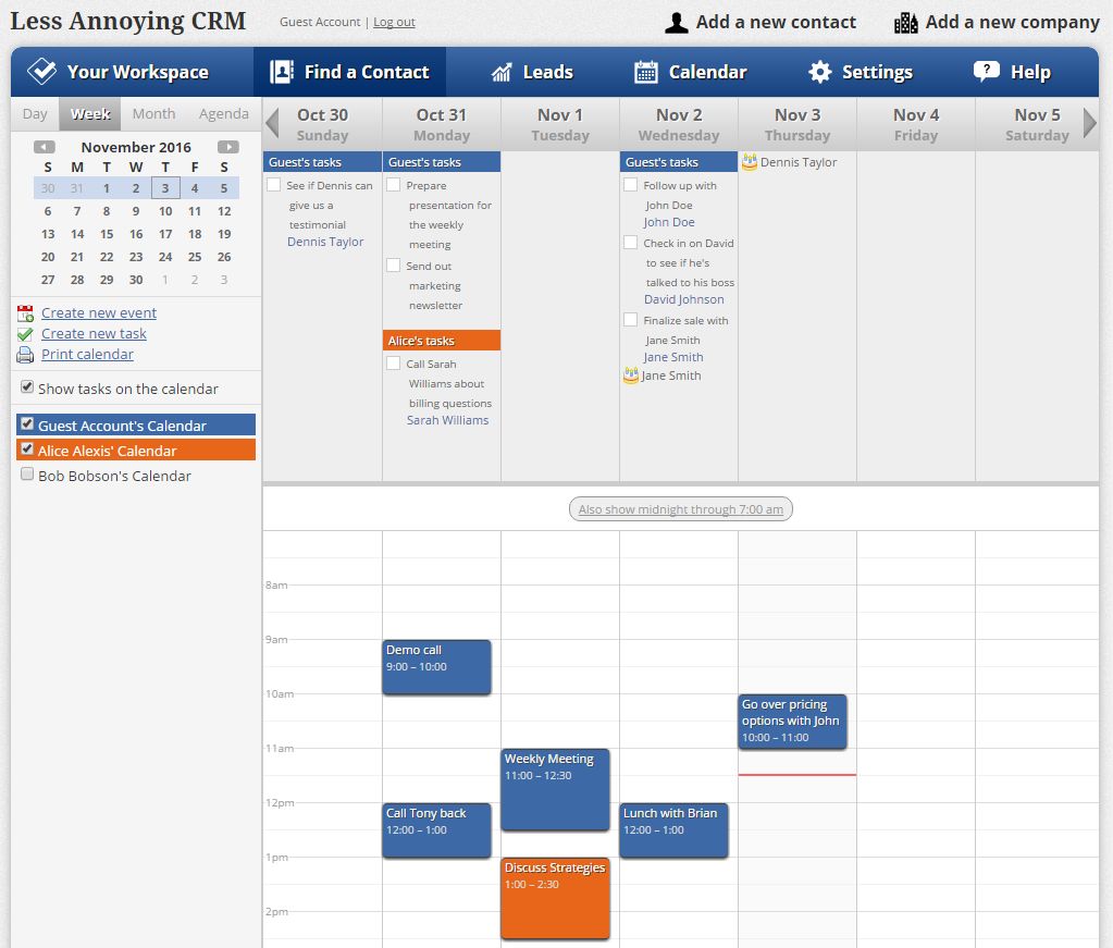 Calendar in Less Annoying CRM