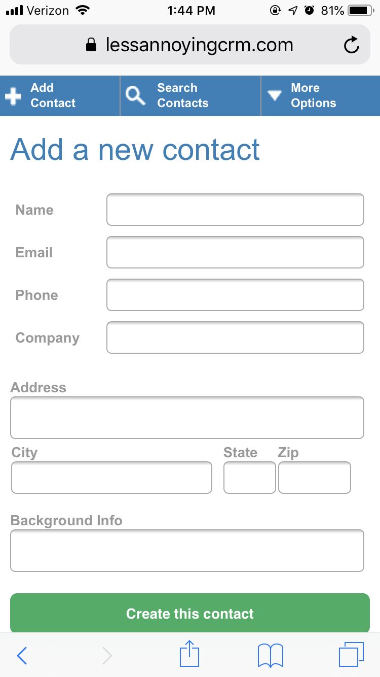 Creating a contact via mobile in Less Annoying CRM