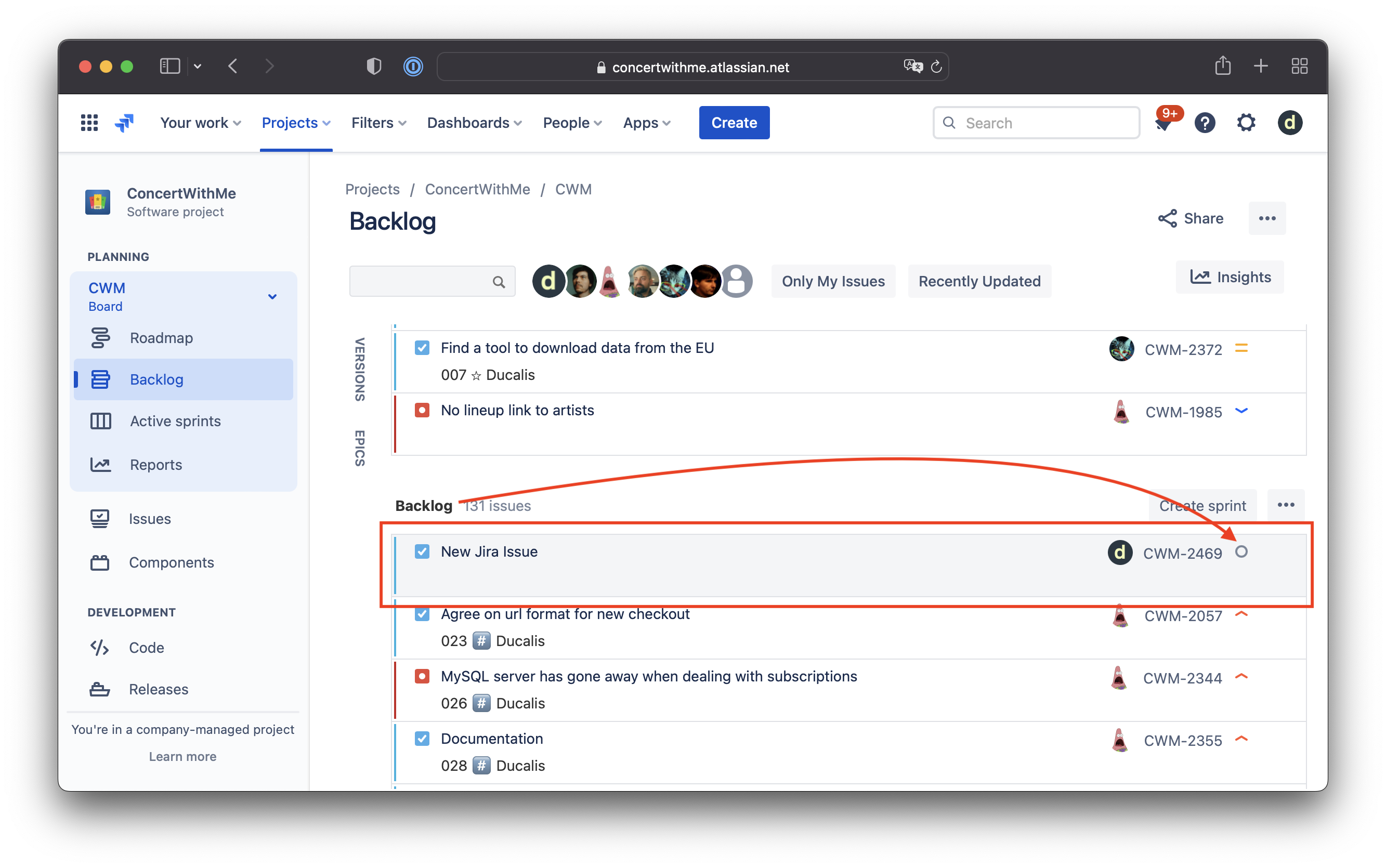 New Jira Issue sorted at backlog