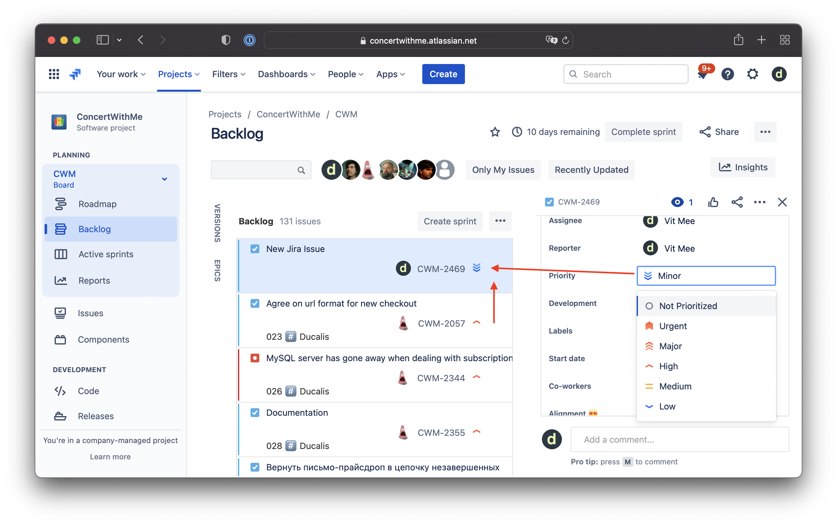 Jira Backlog with custom priority levels