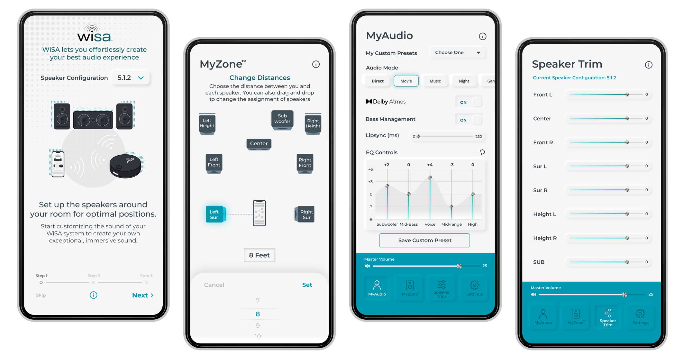 Four smartphones showing different pages on the WiSA SoundSend application