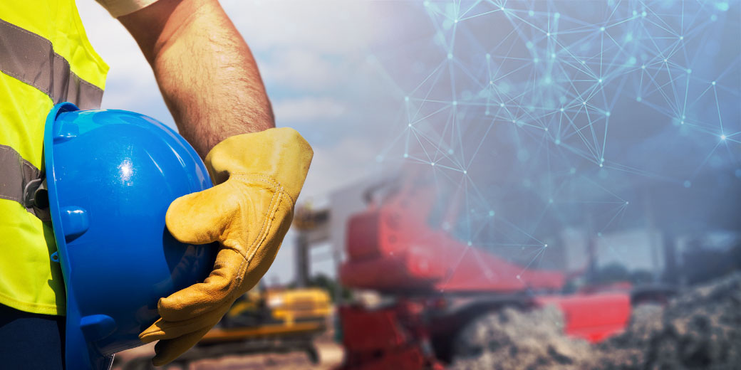 A construction worker holds a hardhat against their side in front of a backdrop of a building and constellations.
