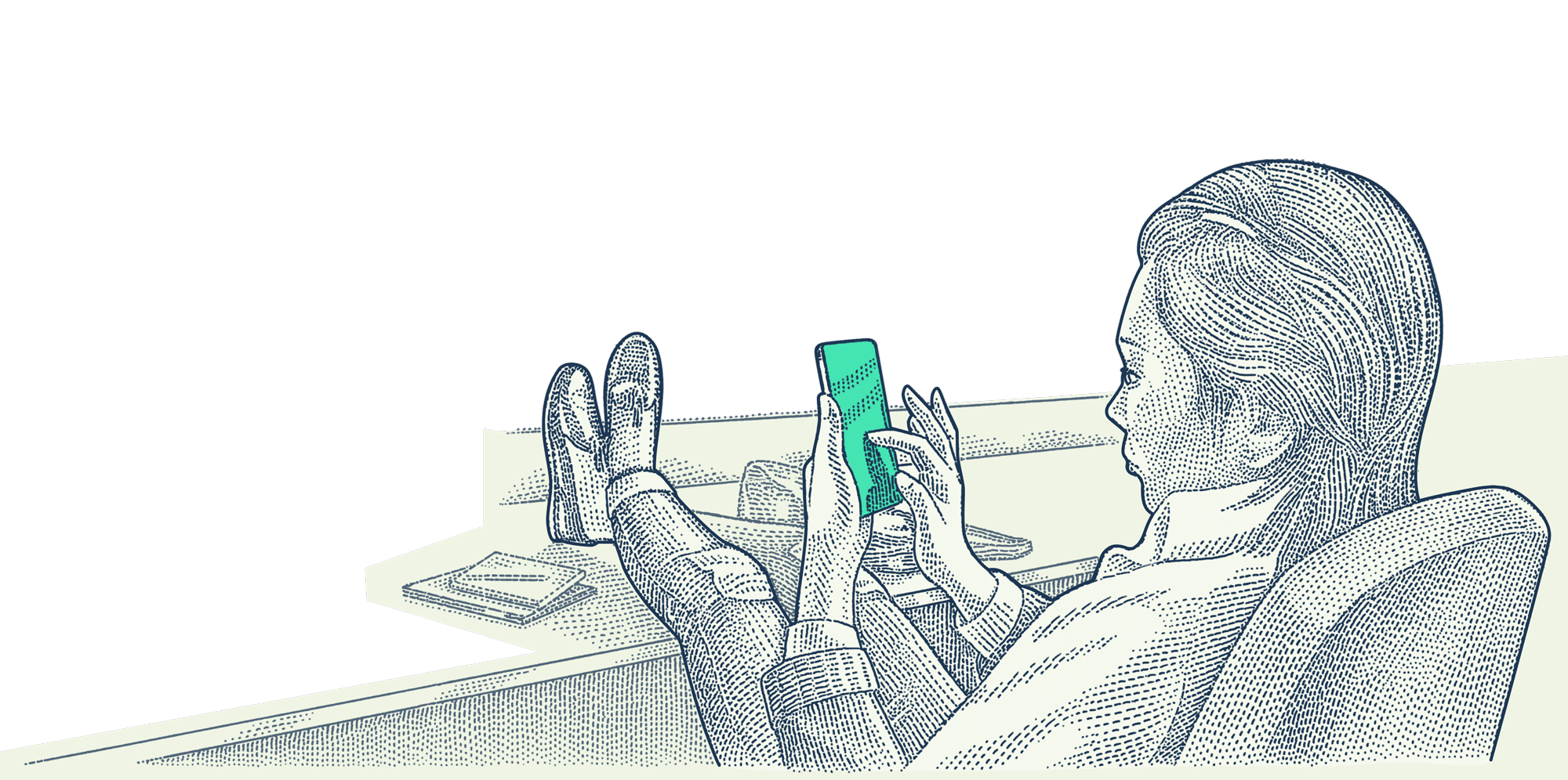 Illustration of a woman sitting in a chair with her feet on the desk while talking on the phone