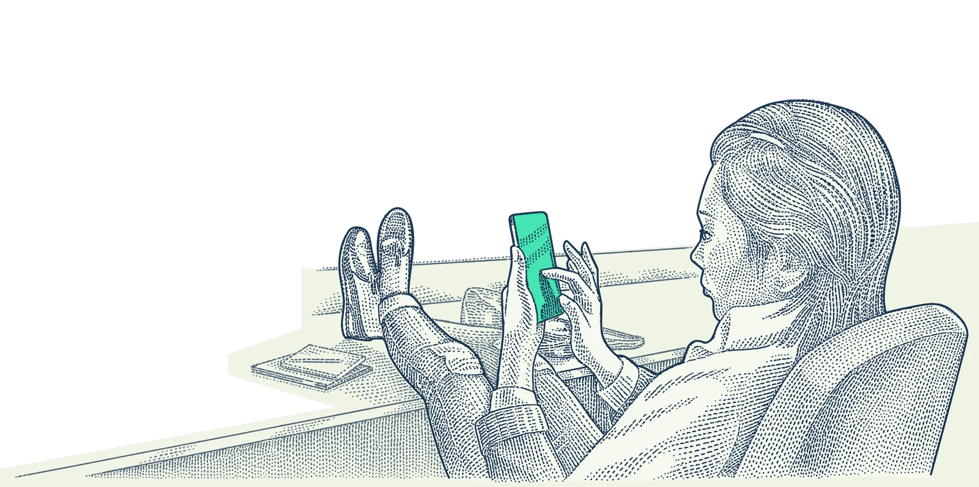 Illustration of a woman sitting in a chair with her feet on the desk while talking on the phone