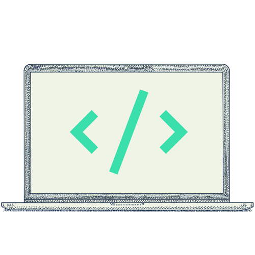 Illustration of a laptop open and on the screen is a large HTML tag that reads </>