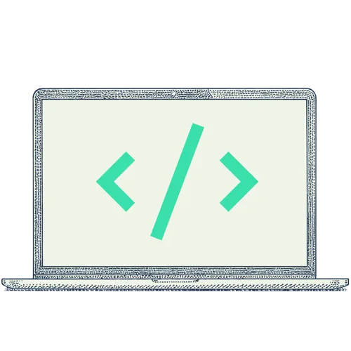 Illustration of a laptop open and on the screen is a large HTML tag that reads </>