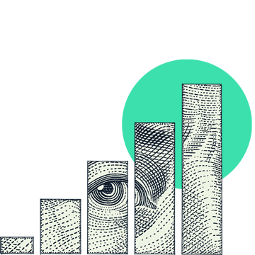 Illustration of bar chart with an eye inside of the chart and a decorative green cirlce in the background