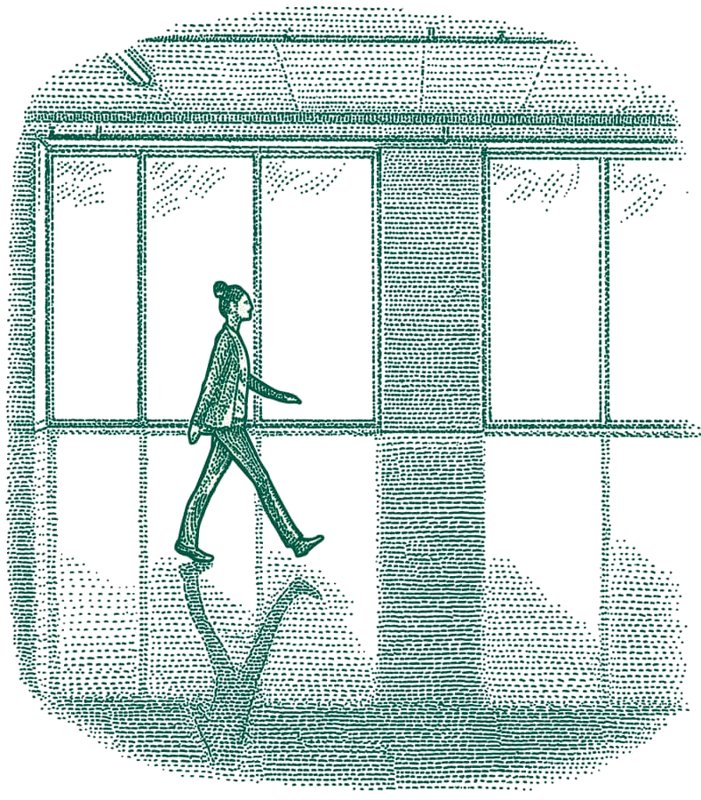 Illustration of a woman walking in a big office