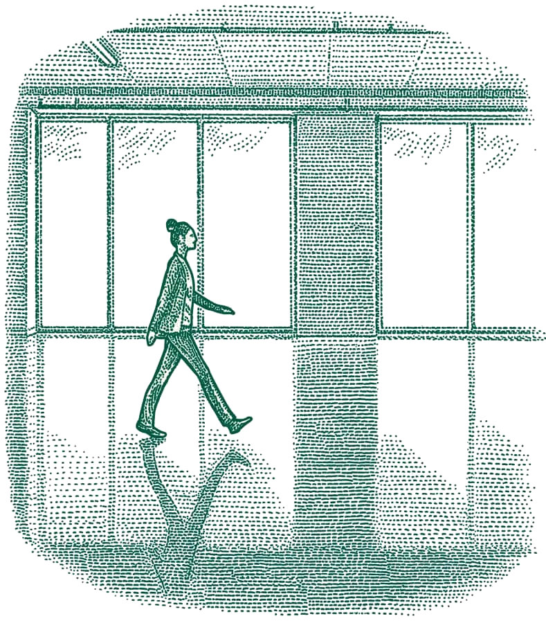 Illustration of a woman walking in a big office