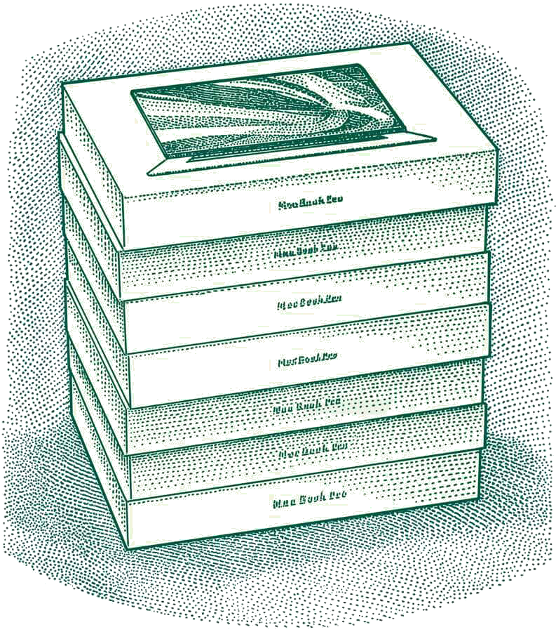 Illustration of a stack of several Apple Macbooks