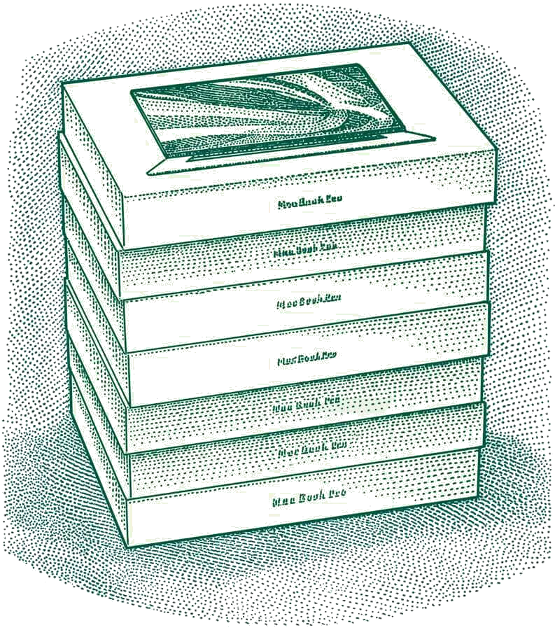 Illustration of a stack of several Apple Macbooks