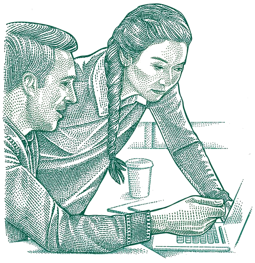 Illustration of a woman leaning next to a man as they discuss work