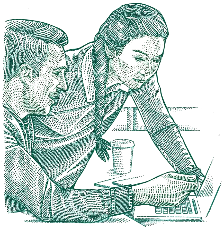 Illustration of a woman leaning next to a man as they discuss work
