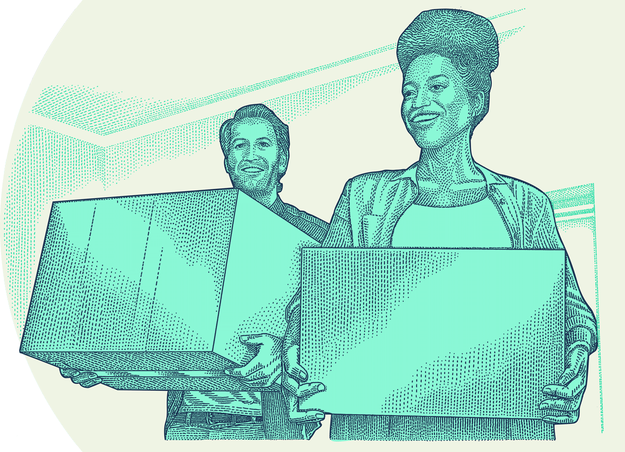 Illustrator of two people moving boxes