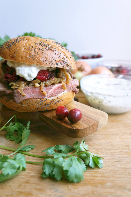 Roast Beef & Caramelized Onion Sandwich with Cranberry Salsa & Cilantro