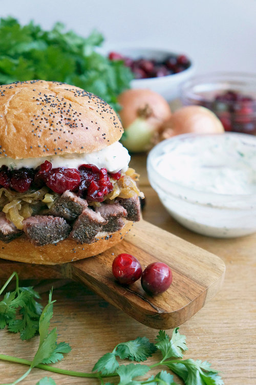 Roast Beef & Caramelized Onion Sandwich with Cranberry Salsa & Cilantro