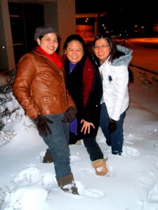 Maria and Friends trekking around on a snowy evening.