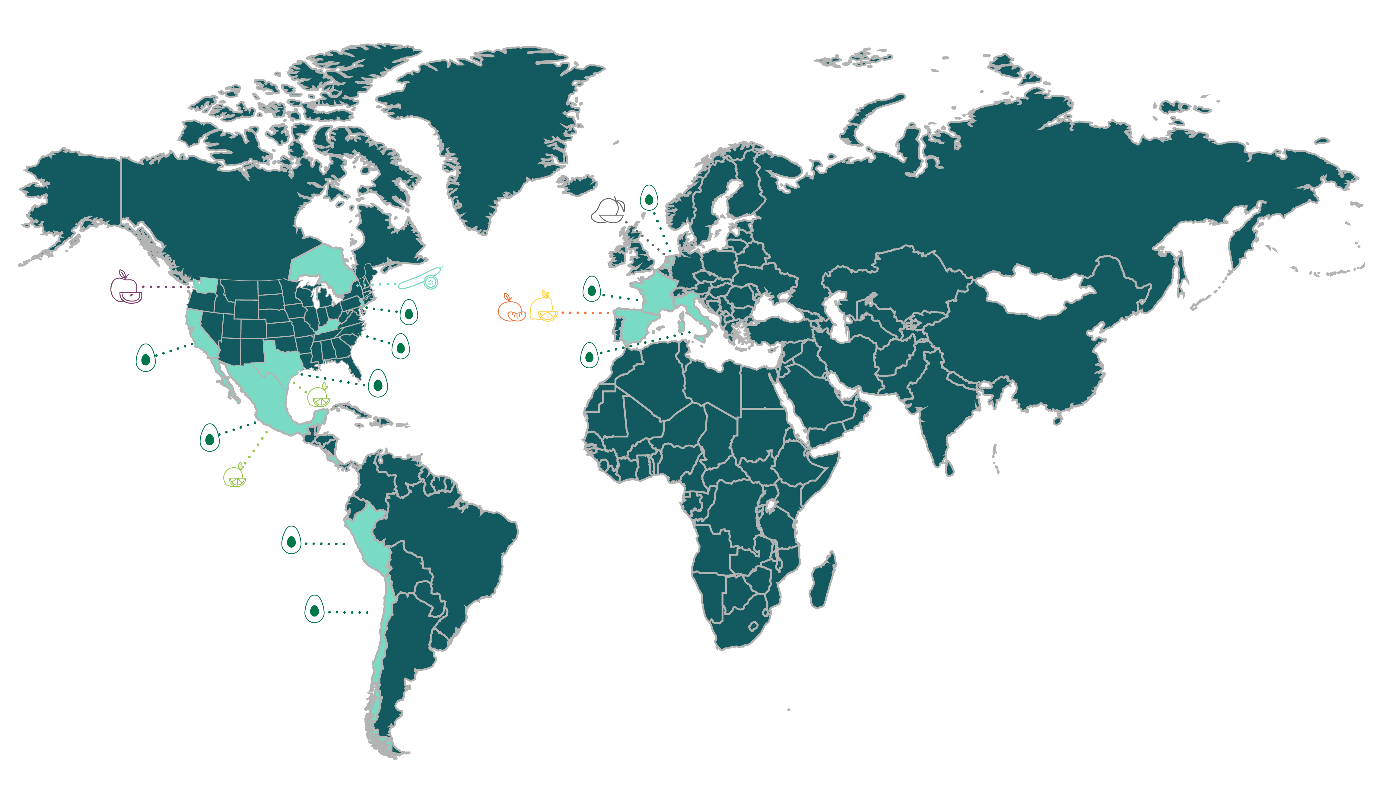 World map with fruit and vegetable icons as landmarks