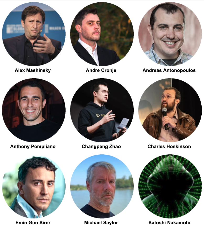 Alex MashinskyAndre CronjeAndreas AntonopoulosAnthony PomplianoChangpeng ZhaoCharles HoskinsonEmin Gün SirerMichael SaylorSatoshi Nakamoto