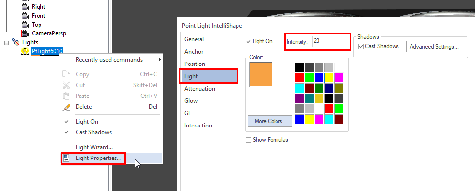 Lysegenskaper IRONCAD