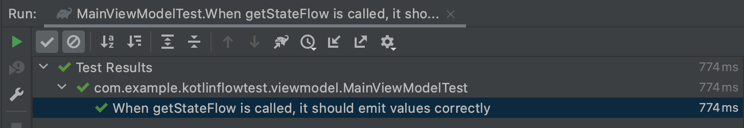 Success results after running the MainViewModelTest test after the addition of the turbine library used to test kotlin flows.