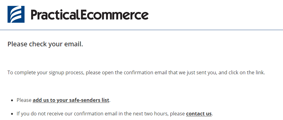 PracticalEcommerce thank you page